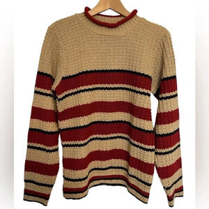 Vintage striped colorblock mockneck knit tan and red